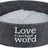 Rundes, graues Filzkorb mit Seilgriffen und einem weichen, hellen Kissen, Aufschrift: "Love is a four legged word".