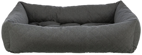 Graues, rechteckiges, gestepptes Polsterbett mit erhöhtem Rand, weich gepolstert und unifarben.