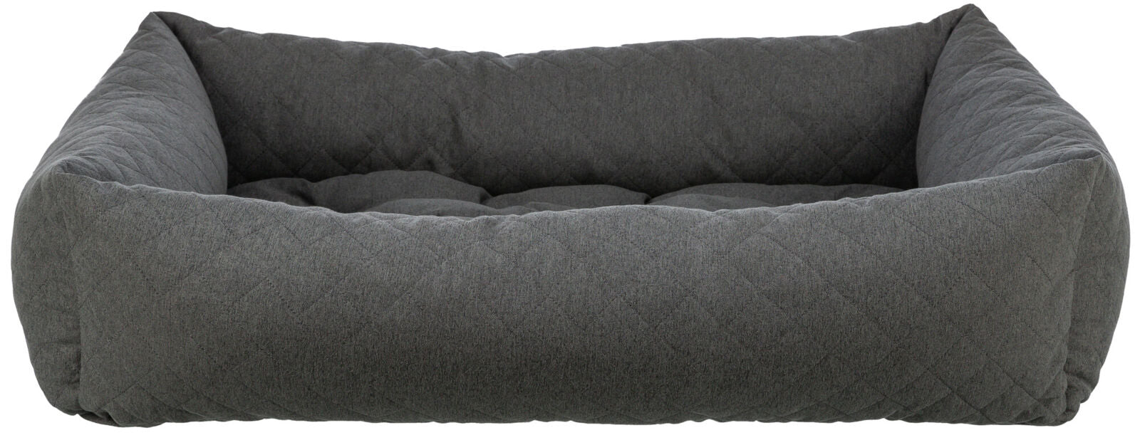 Graues, rechteckiges, gestepptes Polsterbett mit erhöhtem Rand, weich gepolstert und unifarben.