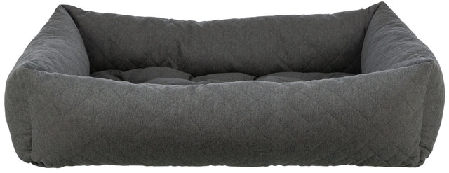 Graues, rechteckiges, gestepptes Polsterbett mit erhöhtem Rand, weich gepolstert und unifarben.