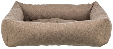 Rechteckiges, braunes Bett mit gestepptem Muster und weichen Seitenwänden, geeignet für Haustiere.