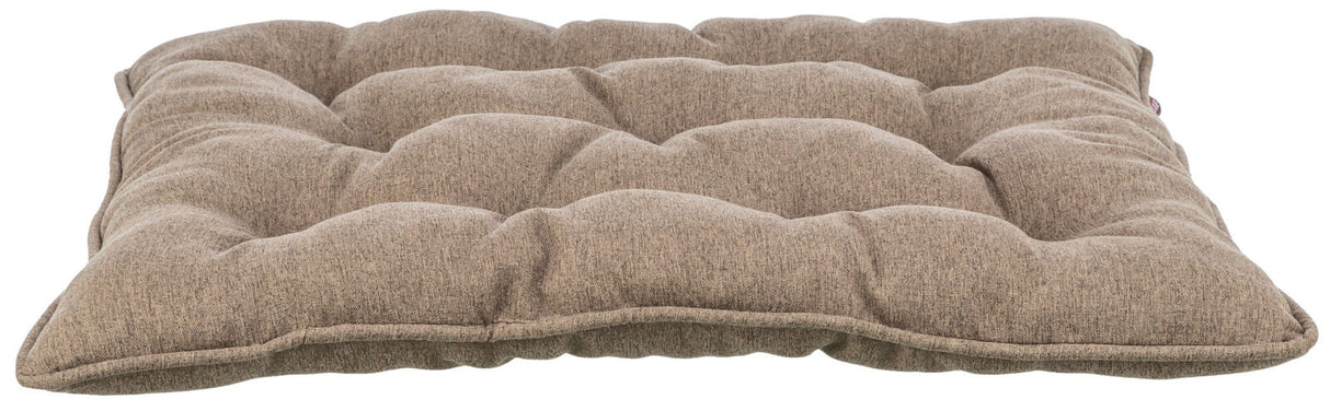 Rechteckiges, gepolstertes Kissen in beige mit texturierter Oberfläche und sichtbaren Nähten.