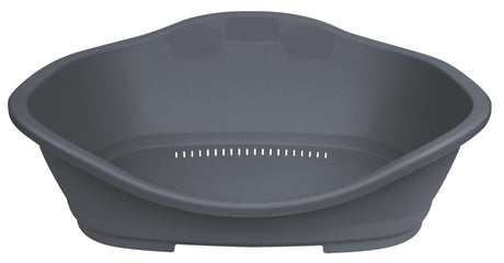 Graues, ovales Kunststoffbett mit erhöhtem Rand und perforiertem Boden, geeignet als Haustierbett.