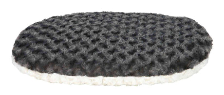 Rundes, grau-schwarzes, flauschiges Pad mit strukturierter Oberfläche und weißem Rand.