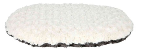Weißes, rundes Kissen mit flauschiger Oberfläche; der Rand ist dunkel.