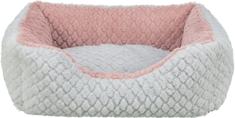 Rechteckiges flauschiges Bett in Grau und Rosa mit einer strukturierten Oberfläche innen und außen.