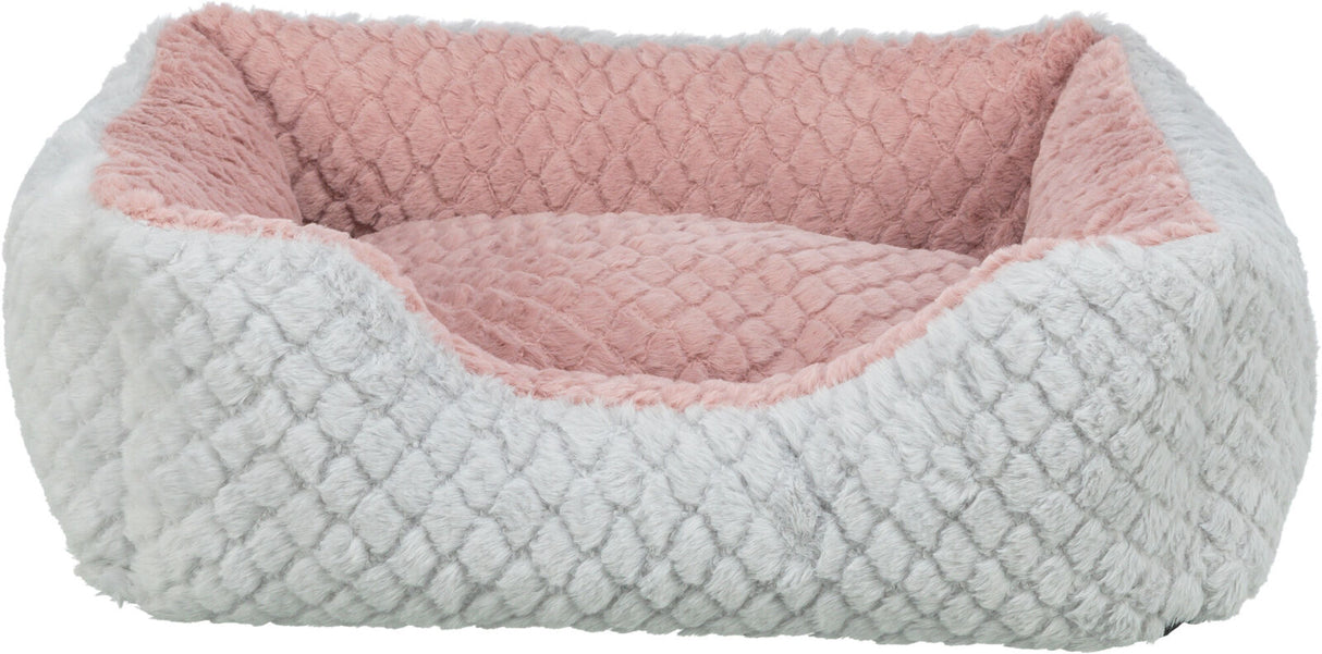 Weiches, rechteckiges Bett mit plüschiger Struktur in Rosa und Grau, ohne erkennbare Tiermotiven.