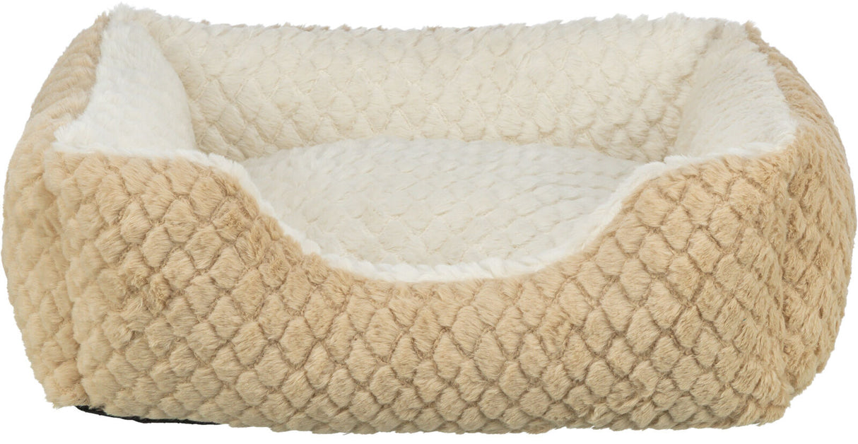 Beigefarbenes, flauschiges Haustierbett mit erhöhtem Rand und weichem, cremefarbenem Innenbereich.