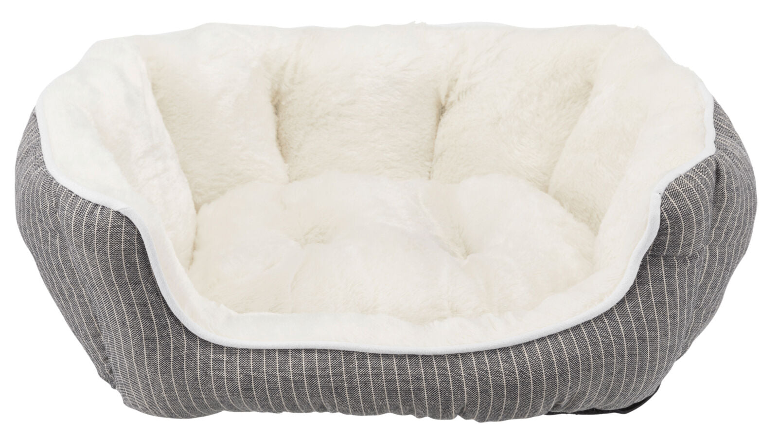 Graues, gestreiftes Tierbett mit weichem, weißem, plüschigem Innenfutter.