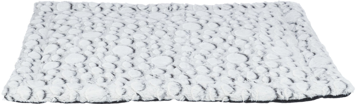 Flache matte Oberfläche mit kreisförmigem, flauschigem Muster in weiß und grauem Farbton.