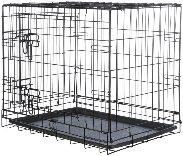 Schwarzer Metallkäfig mit rechteckiger Form und herausziehbarem Bodenfach, offene Gitterstruktur.