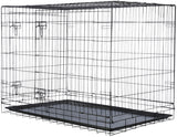 Schwarzer Drahtkäfig mit rechteckiger Form und herausnehmbarer Bodenwanne aus schwarzem Material.
