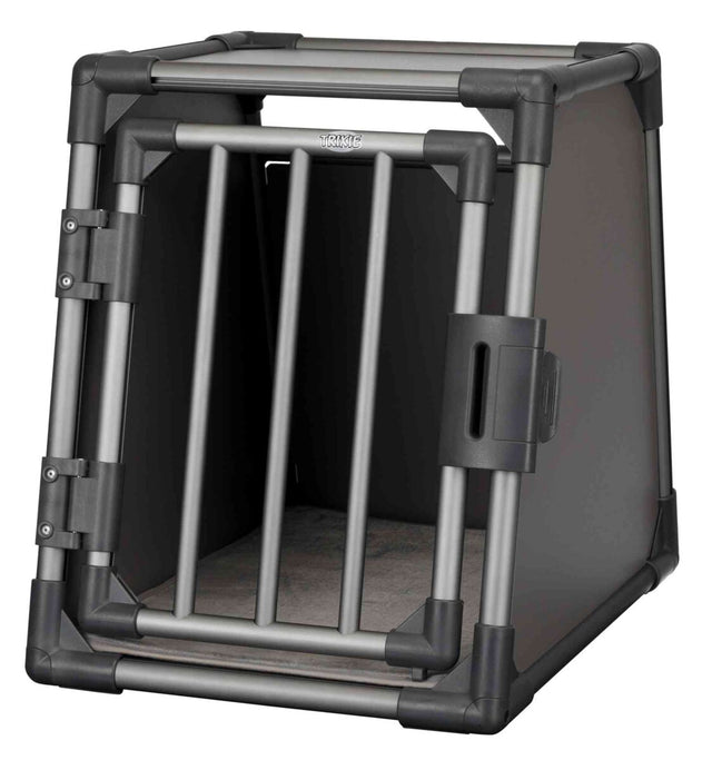 Transportbox mit robustem Metallrahmen und Gittertür, geeignet zur sicheren Unterbringung, grau.