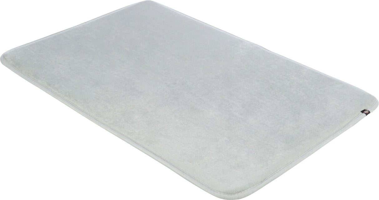 Rechteckiges, hellgraues Polster mit abgerundeten Ecken und kleiner Etikette am Rand.