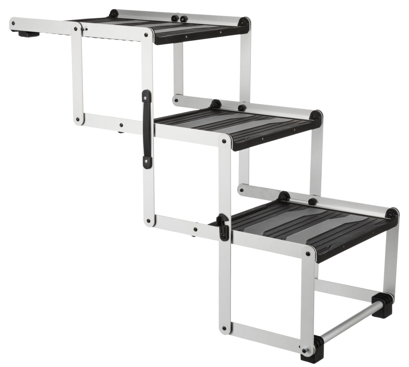 Zusammenklappbare, schwarz-graue Treppe mit drei Stufen, größtenteils aus Metall mit rutschfesten Stufenflächen.