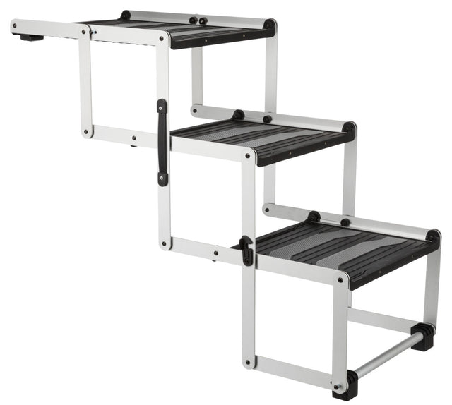 Zusammenklappbare, schwarz-graue Treppe mit drei Stufen, größtenteils aus Metall mit rutschfesten Stufenflächen.