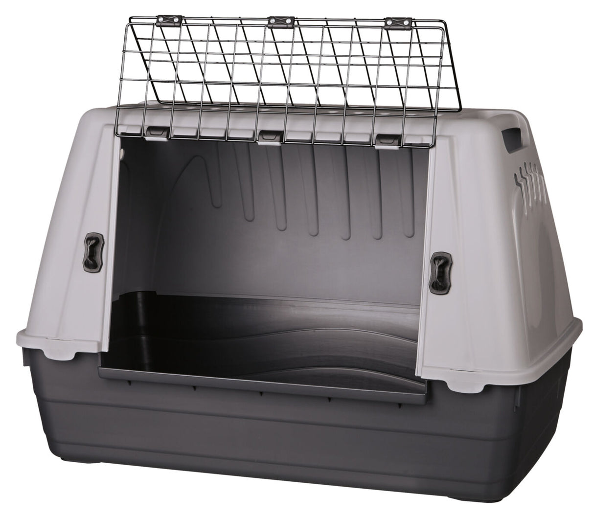 Graue und schwarze Transportbox mit Gittertür oben, rechteckige Form, Griff an den Seiten, geöffnet.