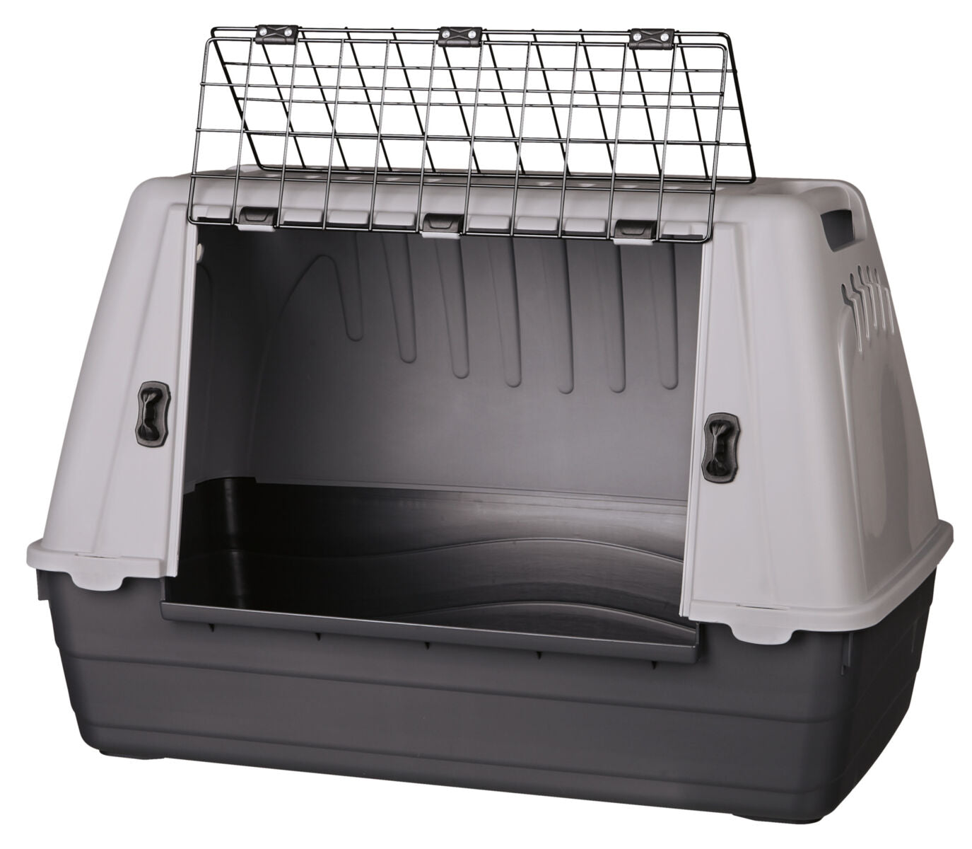 Graue und schwarze Transportbox mit Gittertür oben, rechteckige Form, Griff an den Seiten, geöffnet.