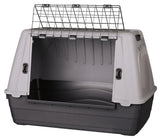 Graue und schwarze Transportbox mit Gittertür oben, rechteckige Form, Griff an den Seiten, geöffnet.
