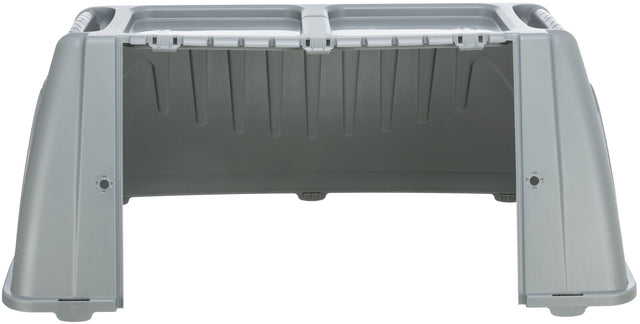 Graue Plastikstruktur mit offenem Vorderteil und gerillten Seiten, geeignet als Transportlösung.