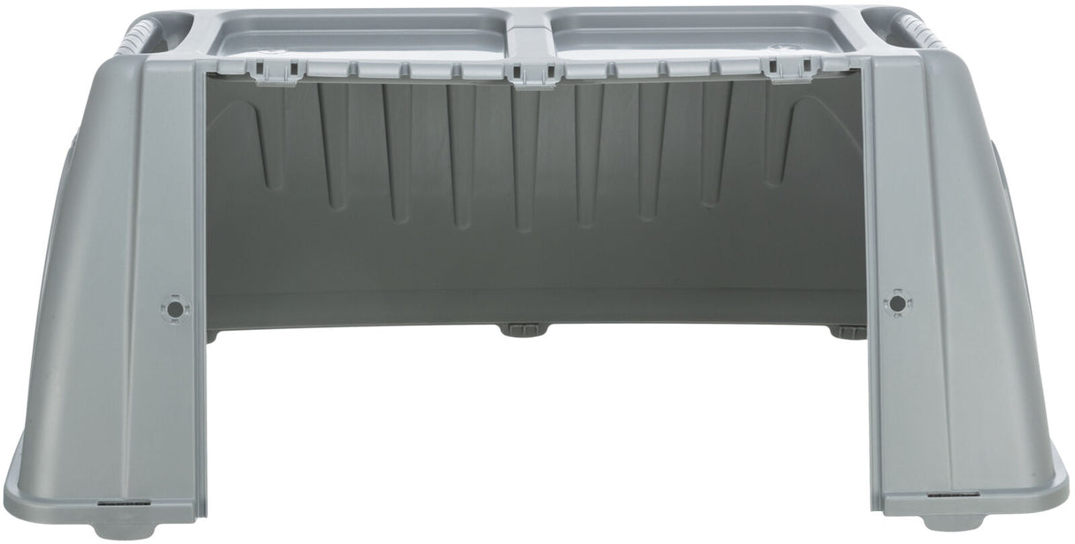 Graue Plastikstruktur mit offenem Vorderteil und gerillten Seiten, geeignet als Transportlösung.