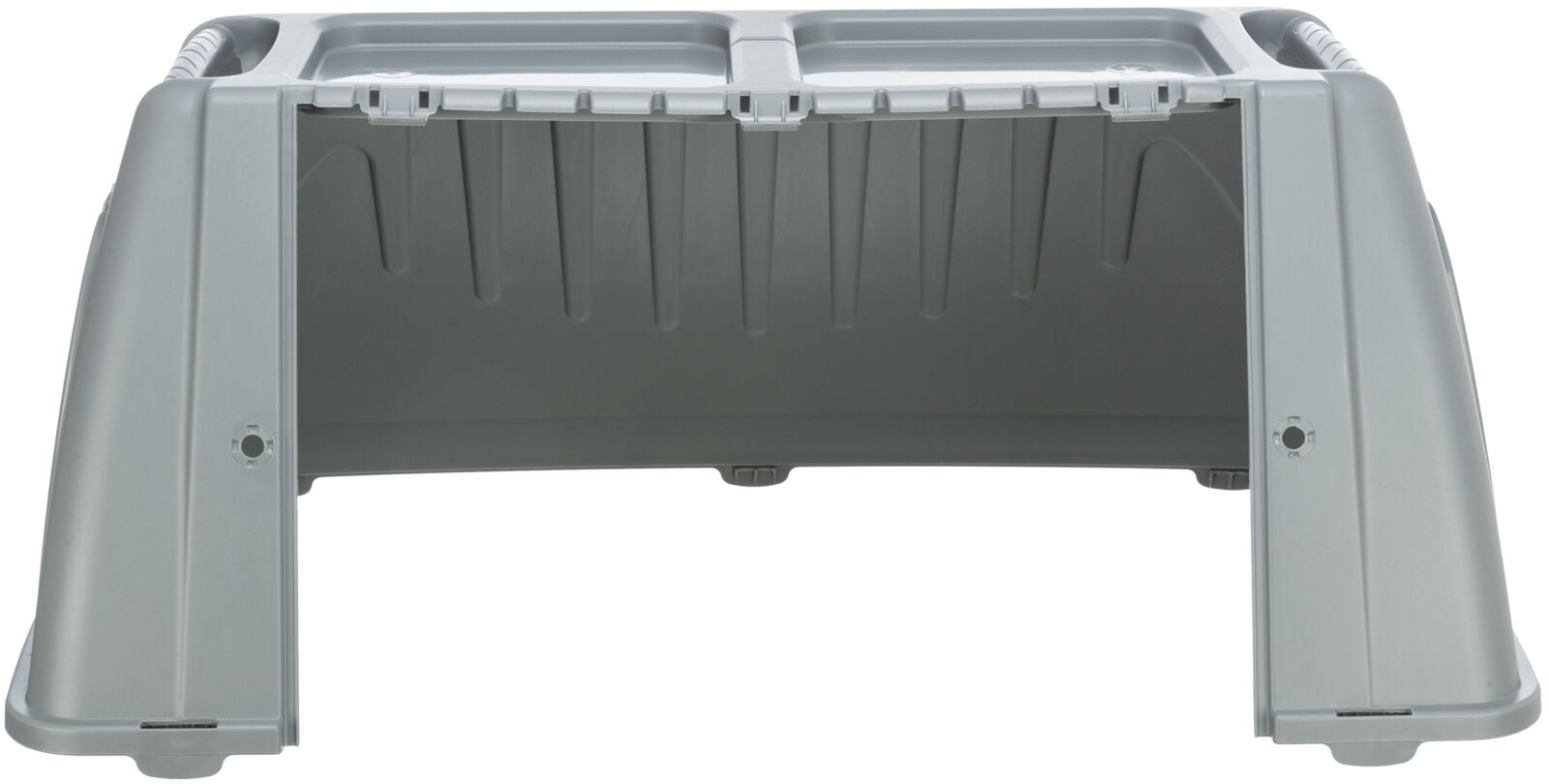 Graue Plastikstruktur mit offenem Vorderteil und gerillten Seiten, geeignet als Transportlösung.
