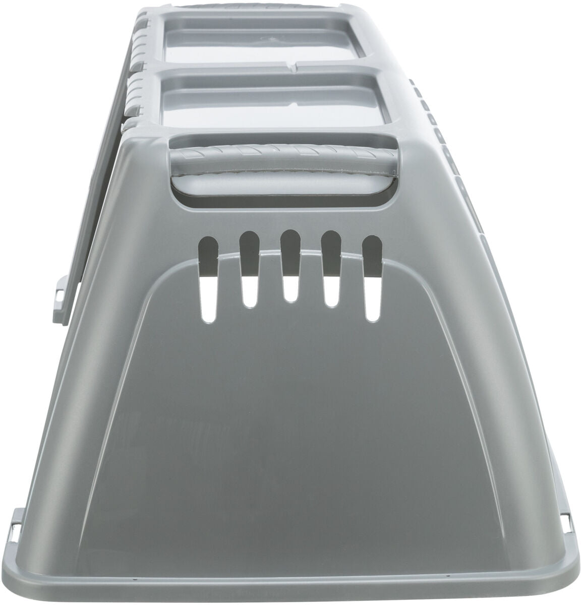 Graue, rechteckige Transportbox mit Lüftungsschlitzen und einem Tragegriff, aus Kunststoff, von hinten gesehen.