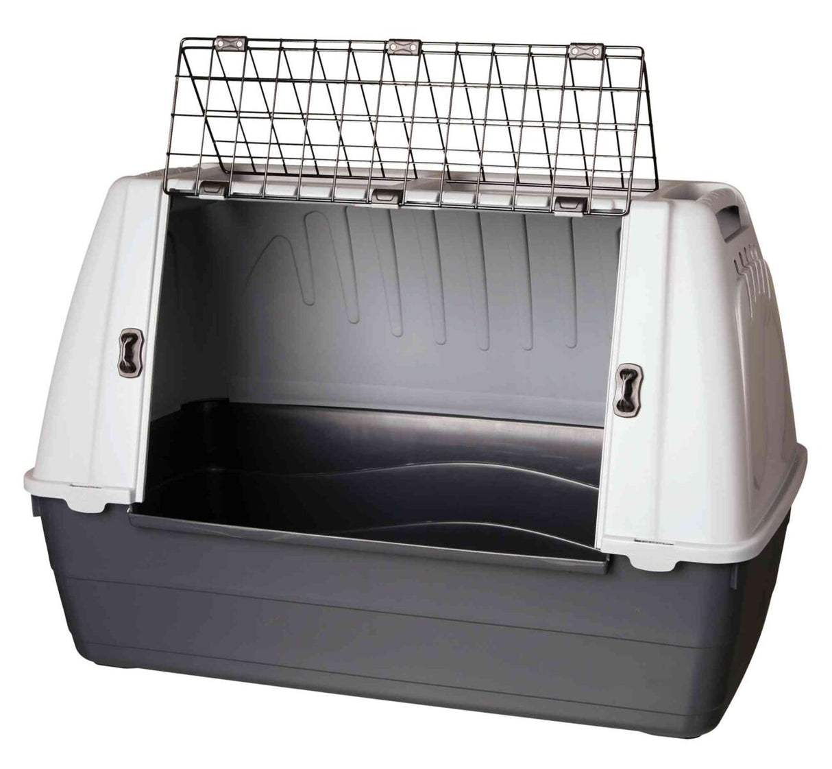 Tiertransportbox aus grauem Kunststoff mit aufklappbarer Metallgittertür und weißen Seitenwänden.