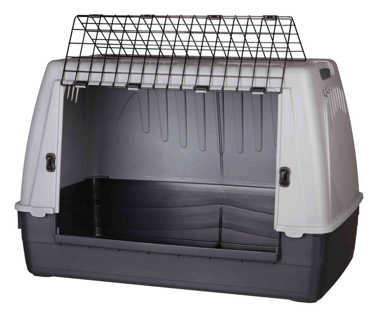 Transportbox aus Kunststoff mit Metallgitter, rechteckige Form und schwarzer Boden, grauer Deckel.