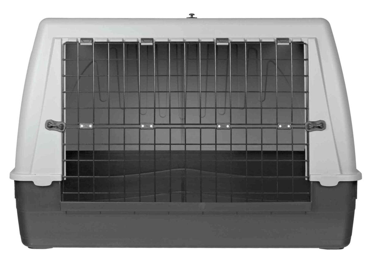 Transportbox mit grauem Oberteil und schwarzem Unterteil, Gittertür vorne, rechteckige Form.
