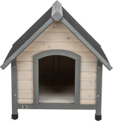 Holzhaus in Grau mit Schrägdach und offenem Eingang, sichtbar sind Schrauben an den Ecken.