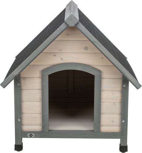 Holzhaus in Grau mit Schrägdach und offenem Eingang, sichtbar sind Schrauben an den Ecken.