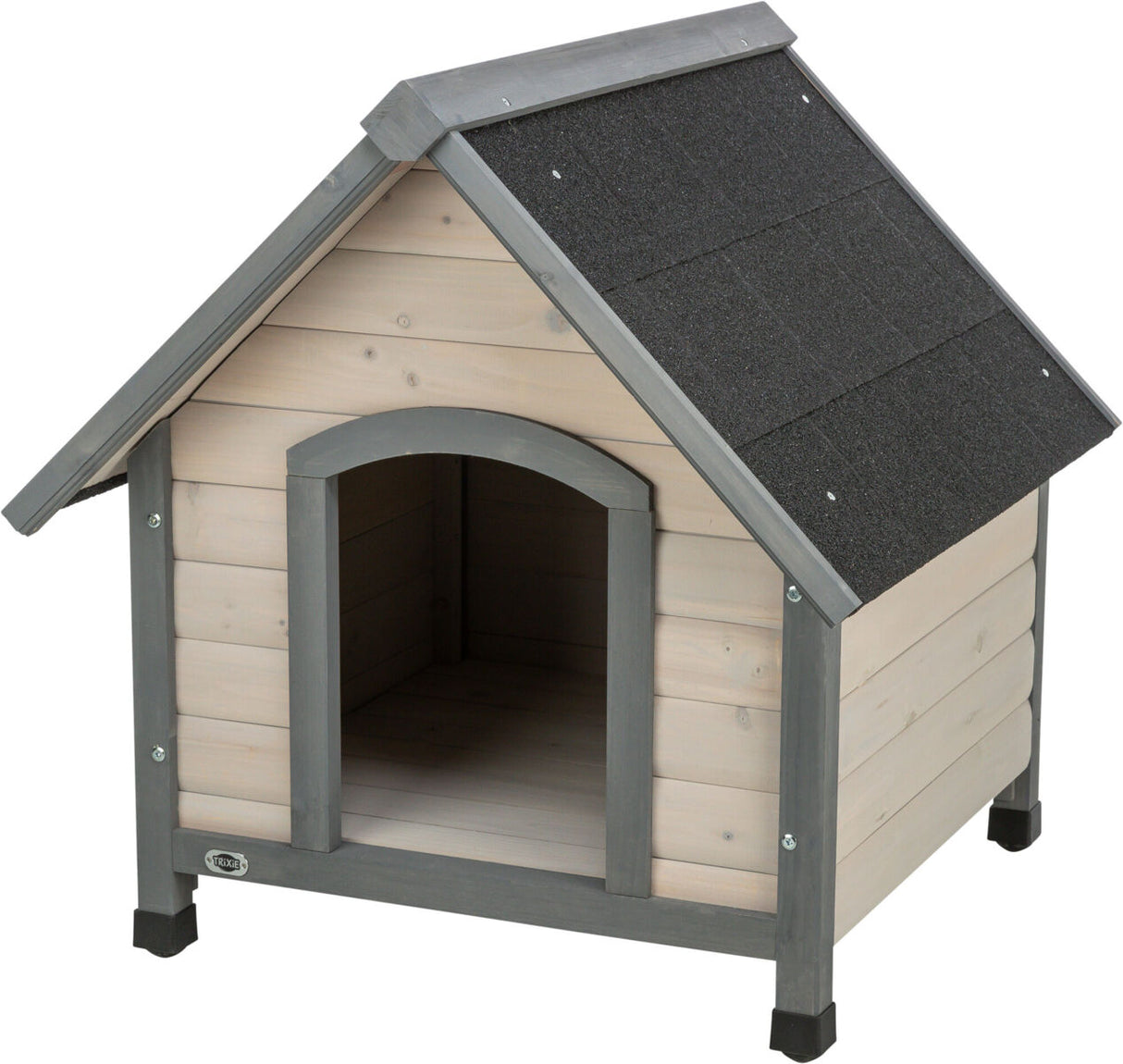 Holzhütte mit grauem Dach und Öffnung, helle Holzlatten, viereckige Form, geeignet für den Außenbereich.