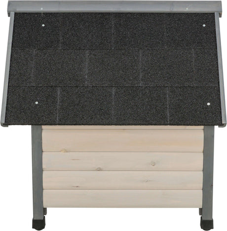 Graues Hundehaus mit grauem Schrägdach aus Holzlatten, Schrauben an der Dachkante sichtbar.