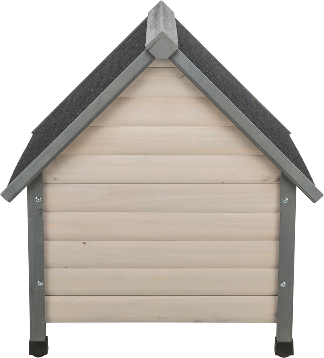 Holzhütte für Tiere mit schrägem, dunklem Dach und hellen Seitenwänden aus Holzplanken.