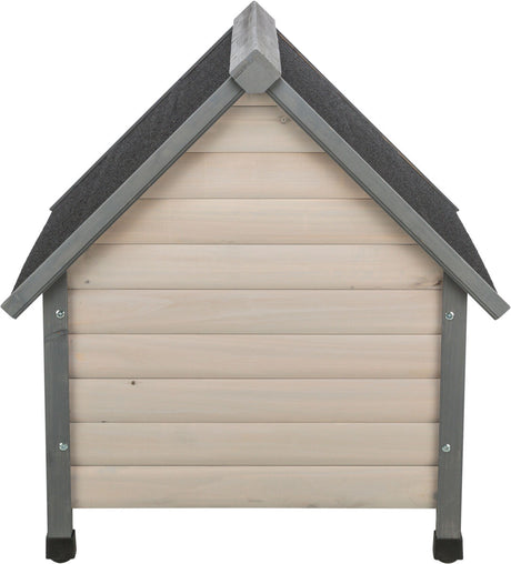 Holzhütte für Tiere mit schrägem, dunklem Dach und hellen Seitenwänden aus Holzplanken.