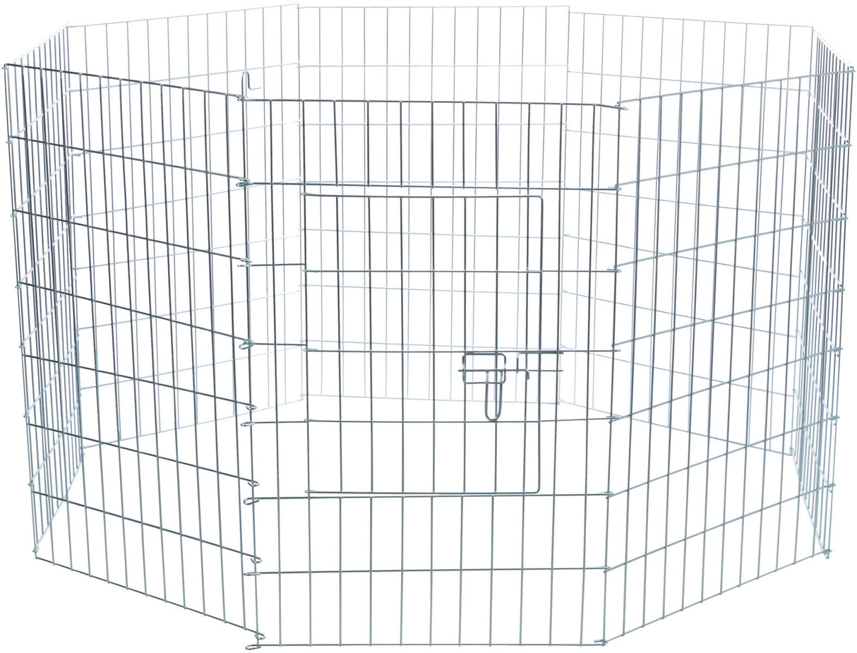 Silberner Metallzaun in sechseckiger Form mit Tür und Riegel, ideal für Haustierumzäunungen.
