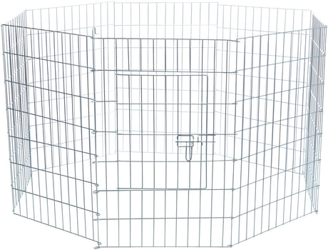 Silberner Metallzaun in sechseckiger Form mit Tür und Riegel, ideal für Haustierumzäunungen.