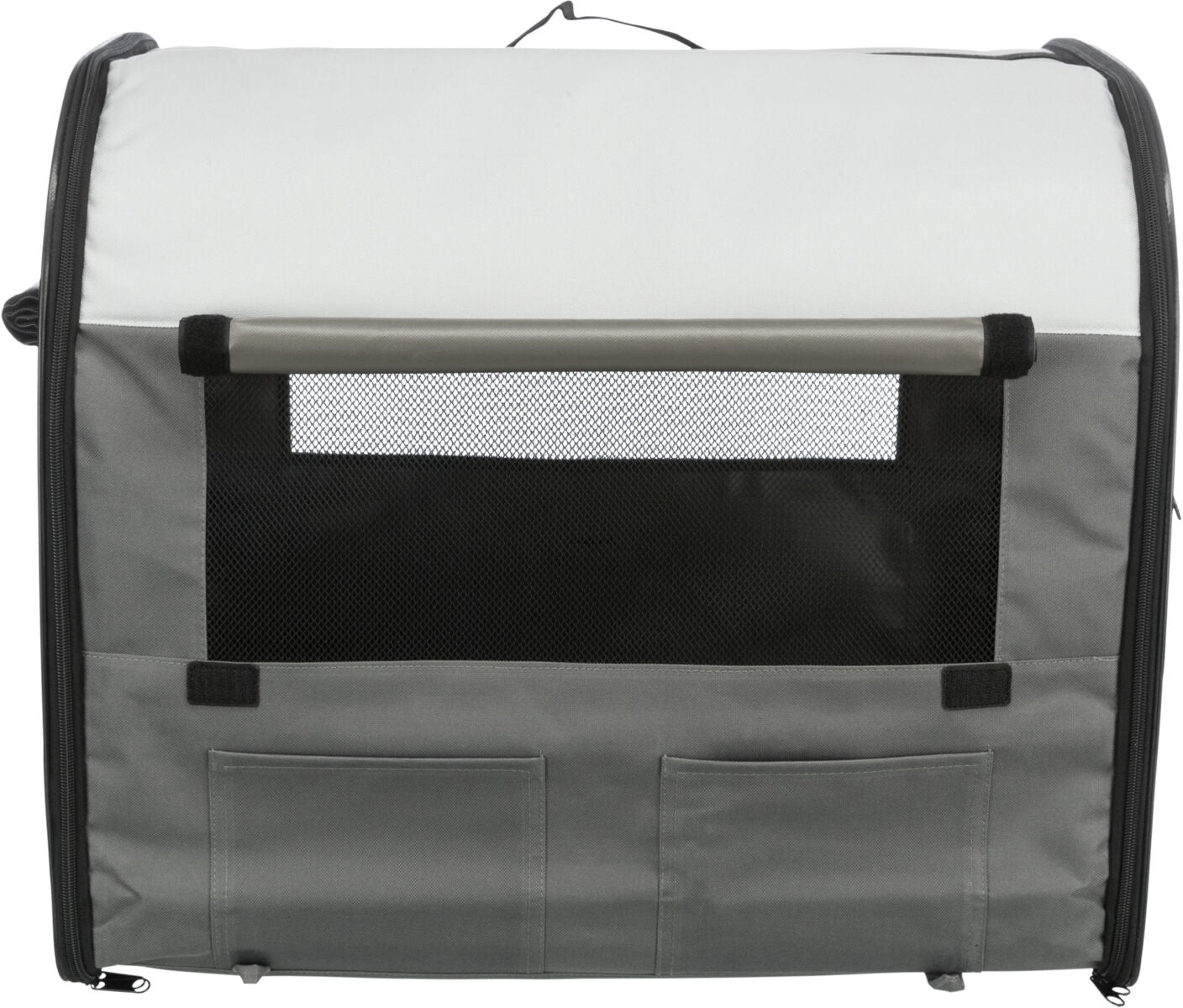 Graue und weiße Box mit schwarzen Netzfenstern, Reißverschlüssen und Taschen auf der Vorderseite.
