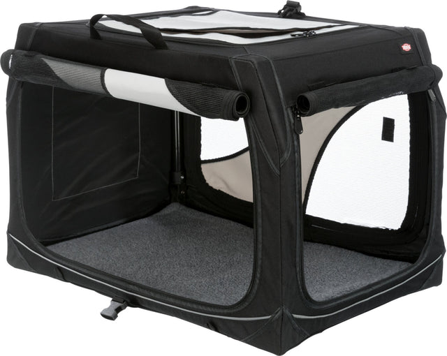 Schwarze Transportbox mit Netzfenstern und Tragegriff, aus Stoffmaterial, halboffen gezeigt.