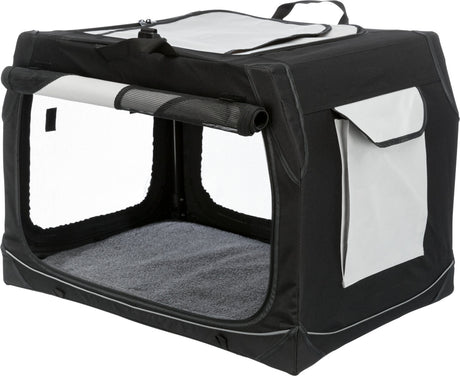 Schwarze und graue Transportbox mit Netzseitenteilen und Reißverschlüssen, oben Tragegriff, rechteckige Form.