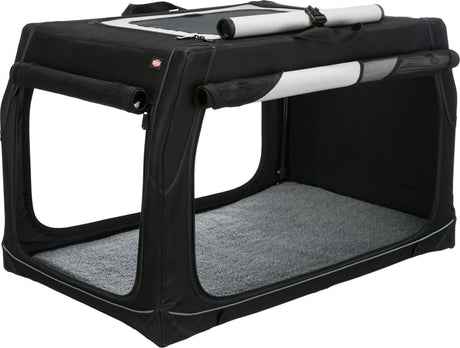 Schwarze, faltbare Transportbox mit grauem Innenpolster und seitlichen Netzeinsätzen für Belüftung.