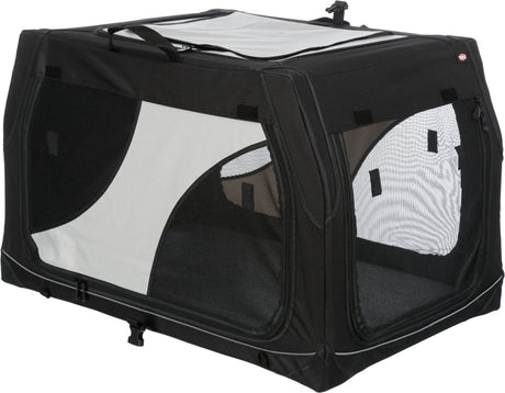 Schwarze und weiße Transportbox mit Netzfenstern und Tragegriff oben.