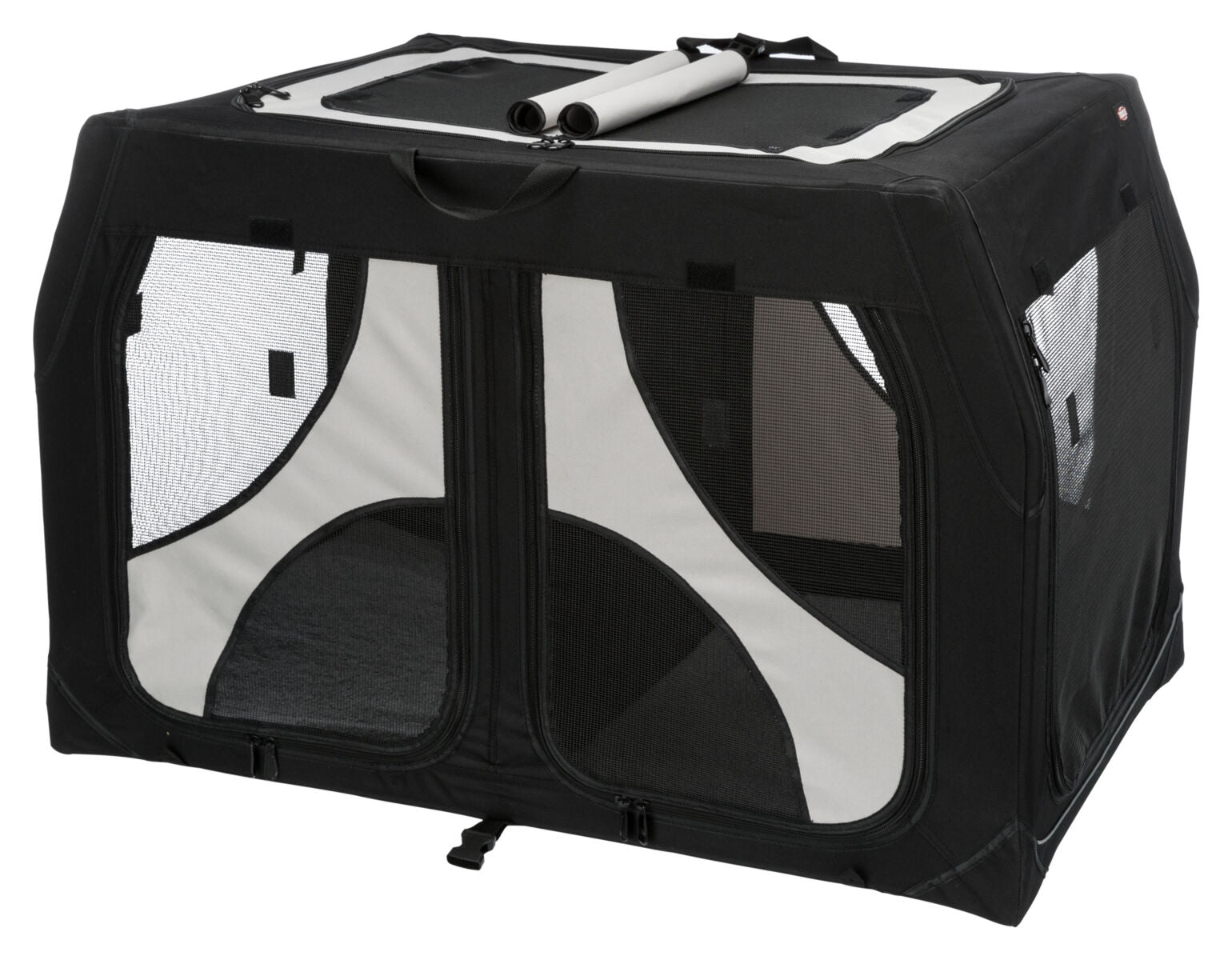 Schwarze und graue Transportbox mit Netzeinsätzen und Tragegriffen, rechteckige Form, zusammenklappbar.