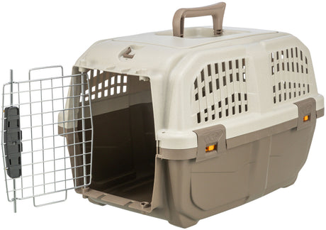 Transportbox aus Kunststoff in Beige und Braun mit offener Gittertür und Tragegriff oben.