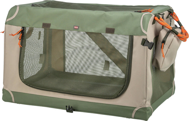 Tragbare Transportbox, rechteckig, beige und grün mit Netzfenstern und orangenen Kordelzügen.