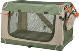 Tragbare Transportbox, rechteckig, beige und grün mit Netzfenstern und orangenen Kordelzügen.