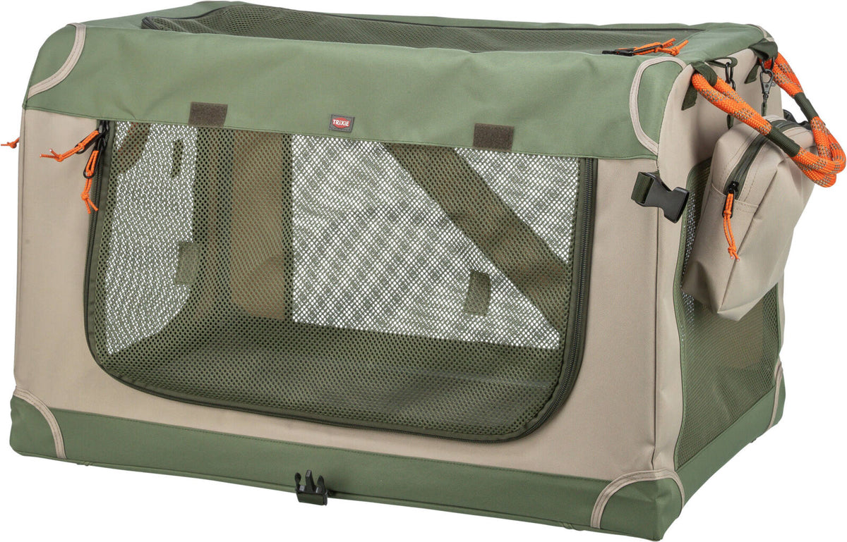 Tragbare Transportbox, rechteckig, beige und grün mit Netzfenstern und orangenen Kordelzügen.