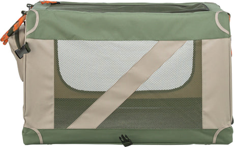 Grüne und beige Tragetasche mit Netzeinsätzen und schwarzen Schnallen auf der Seite.