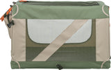 Grüne und beige Tragetasche mit Netzeinsätzen und schwarzen Schnallen auf der Seite.